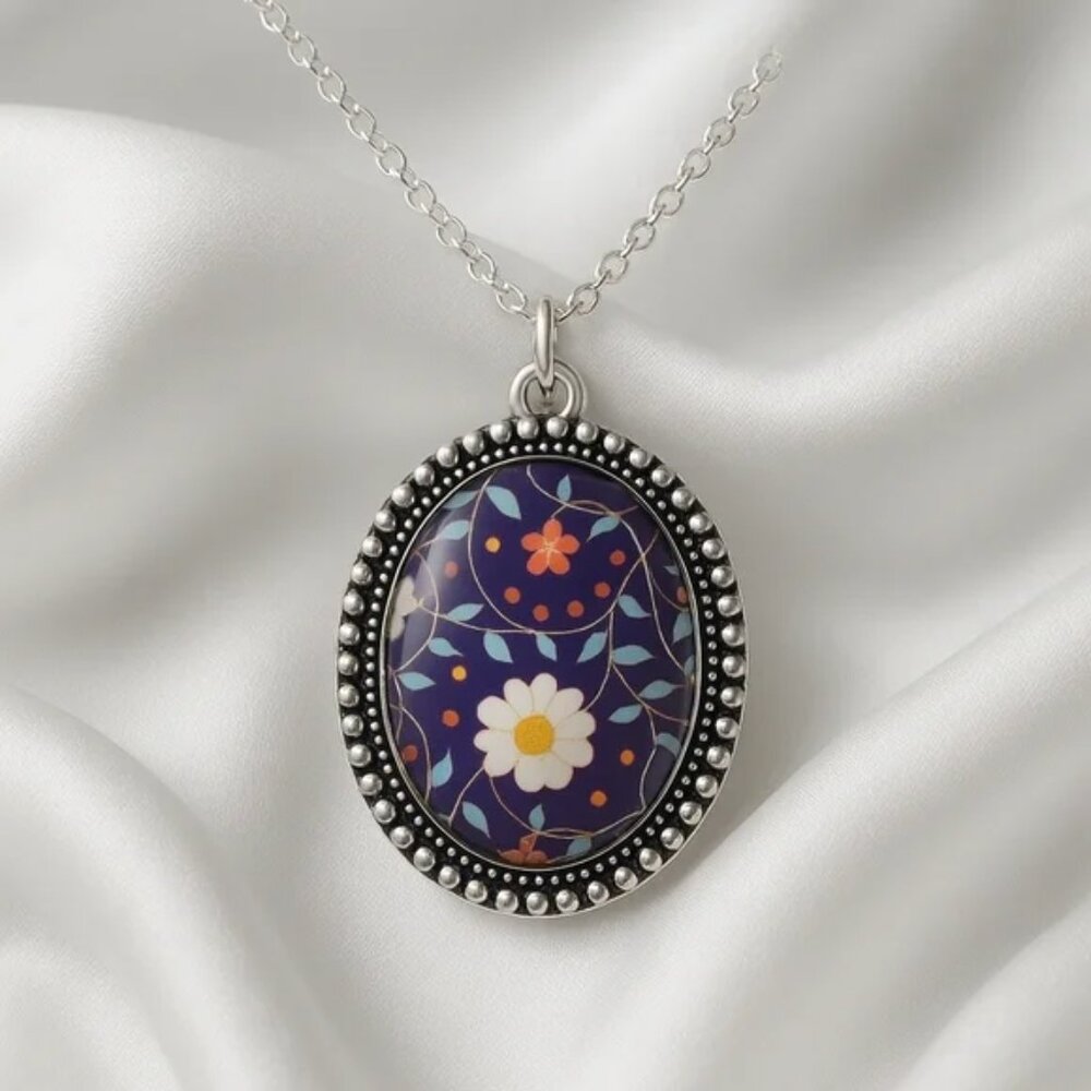 Handcrafted Floral Pendant Necklace with Silver Chain – Botanical Elegance